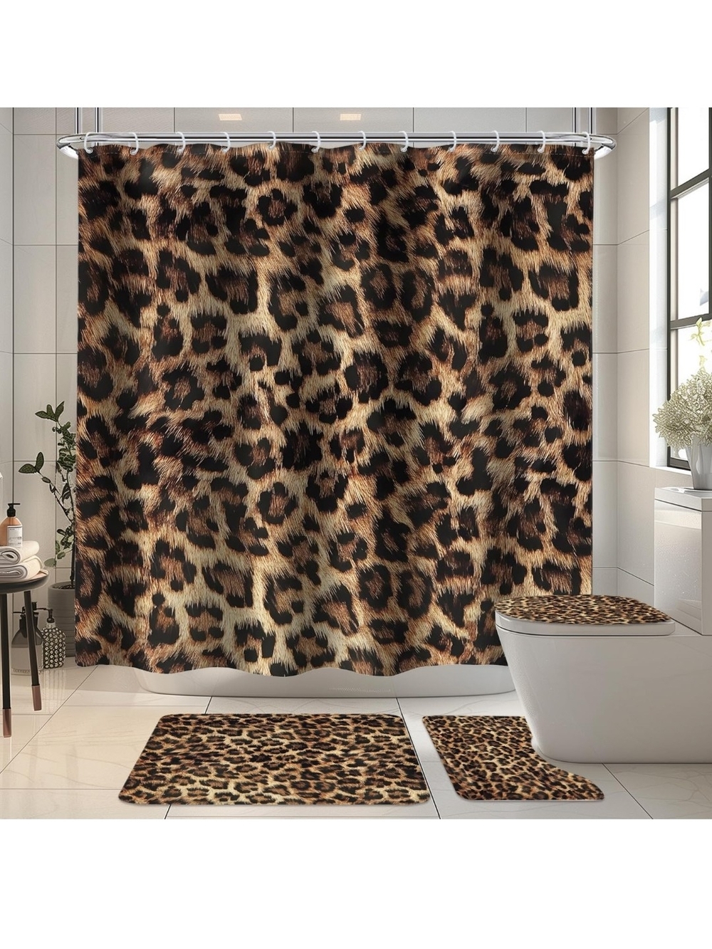 Leopard Print Shower Curtain Set - Brown Animal Print Bath Decor